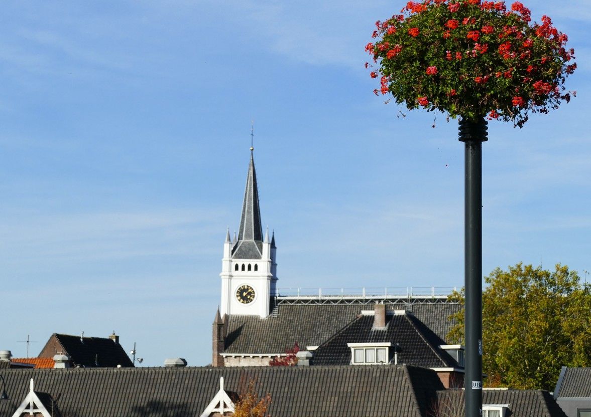 Een kerktoren steekt boven de daken uit, vlakbij een hoge paal met daarop een grote, bolvormige mand vol felrode bloemen.