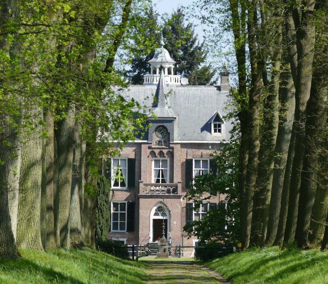 Een bakstenen landhuis met een grijs dak en een koepel, omzoomd door een met bomen omzoomd pad.