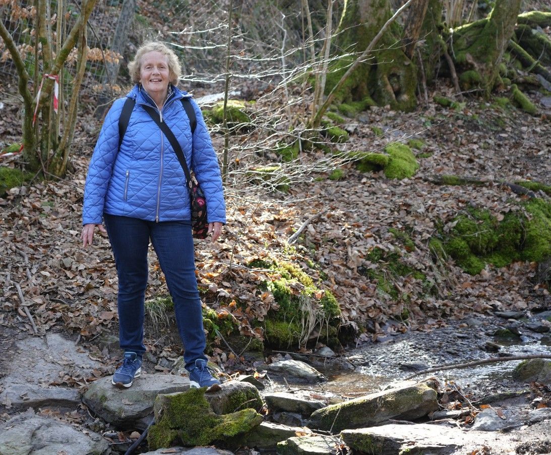 Een persoon in een blauwe jas en een donkere broek staat op met mos begroeide rotsen bij een klein beekje in het bos.