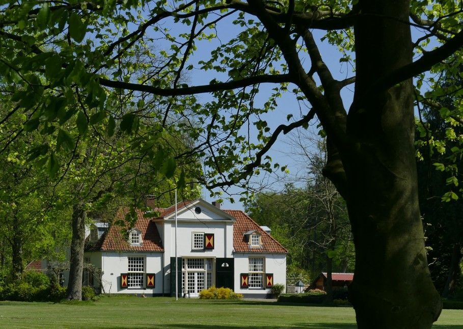 Een wit huis met een rood pannendak, omringd door groene bomen en een gazon, op een zonnige dag.