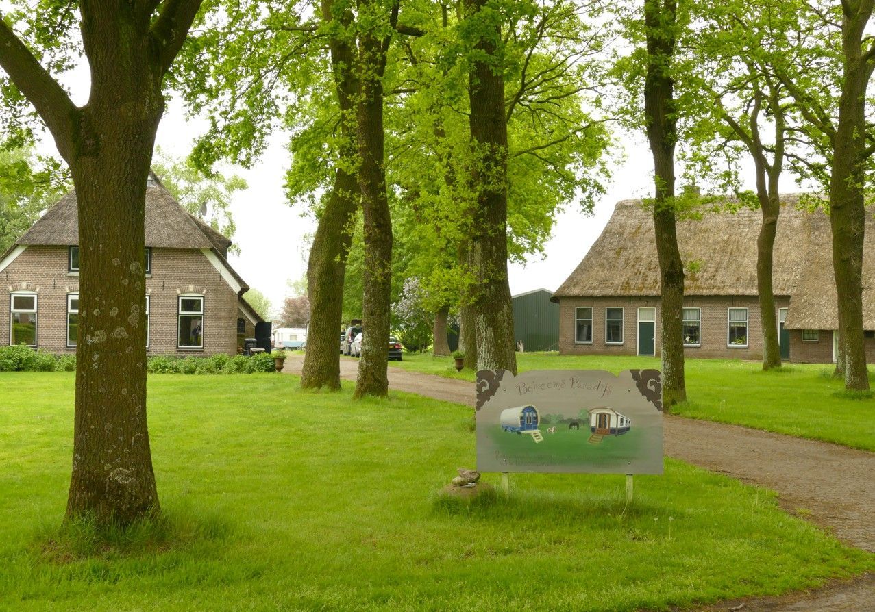 Groen gazon met bomen, twee boerderijen en een bord.