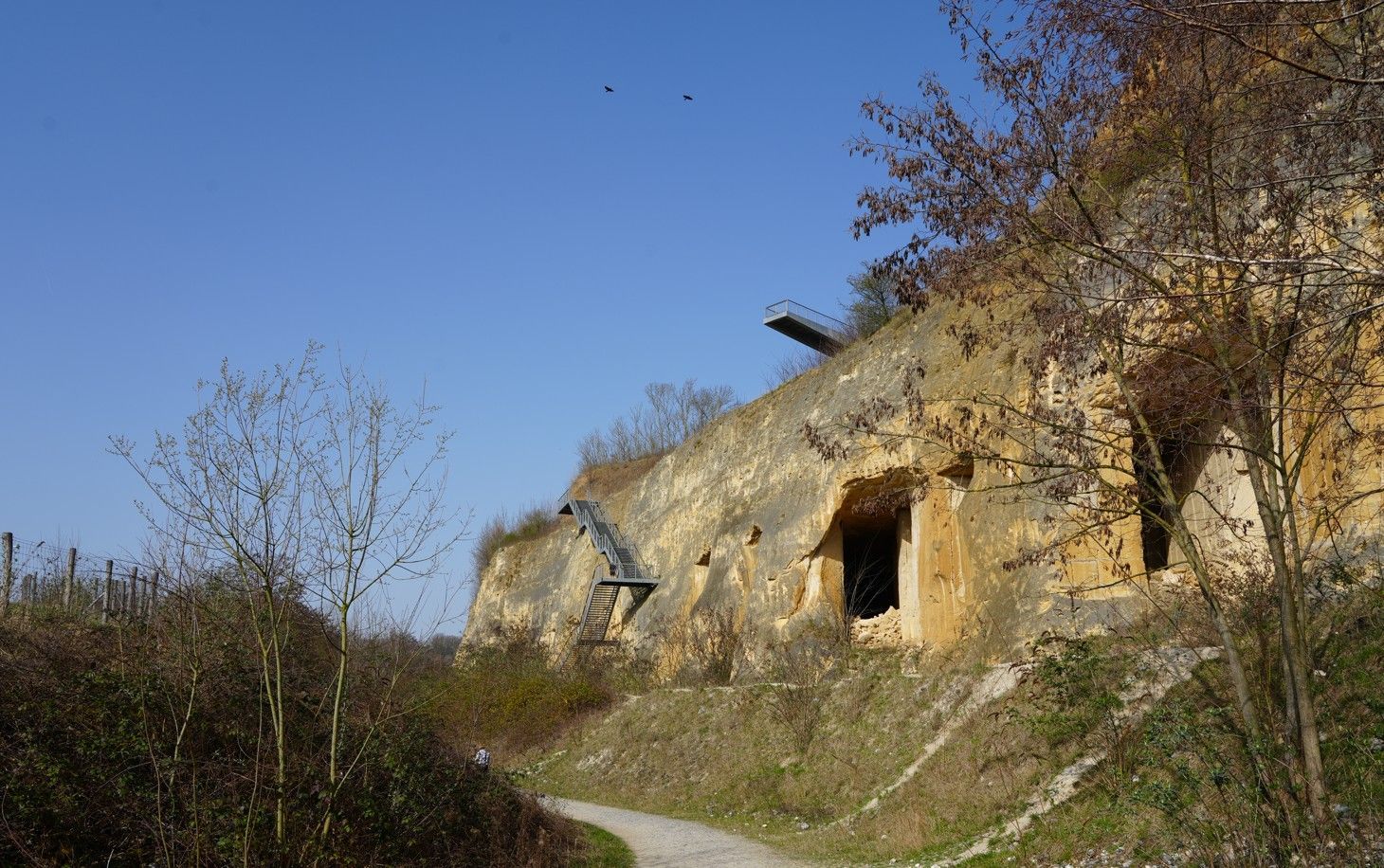 Een zonovergoten, verweerde kalkstenen klif met door mensen gemaakte grotopeningen en een verhoogde loopbrug bovenaan.