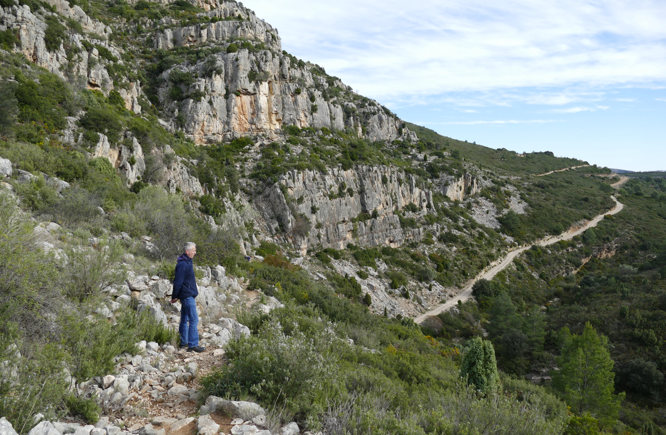 Een man op een rotsachtig pad in een bergachtig landschap met vegetatie.