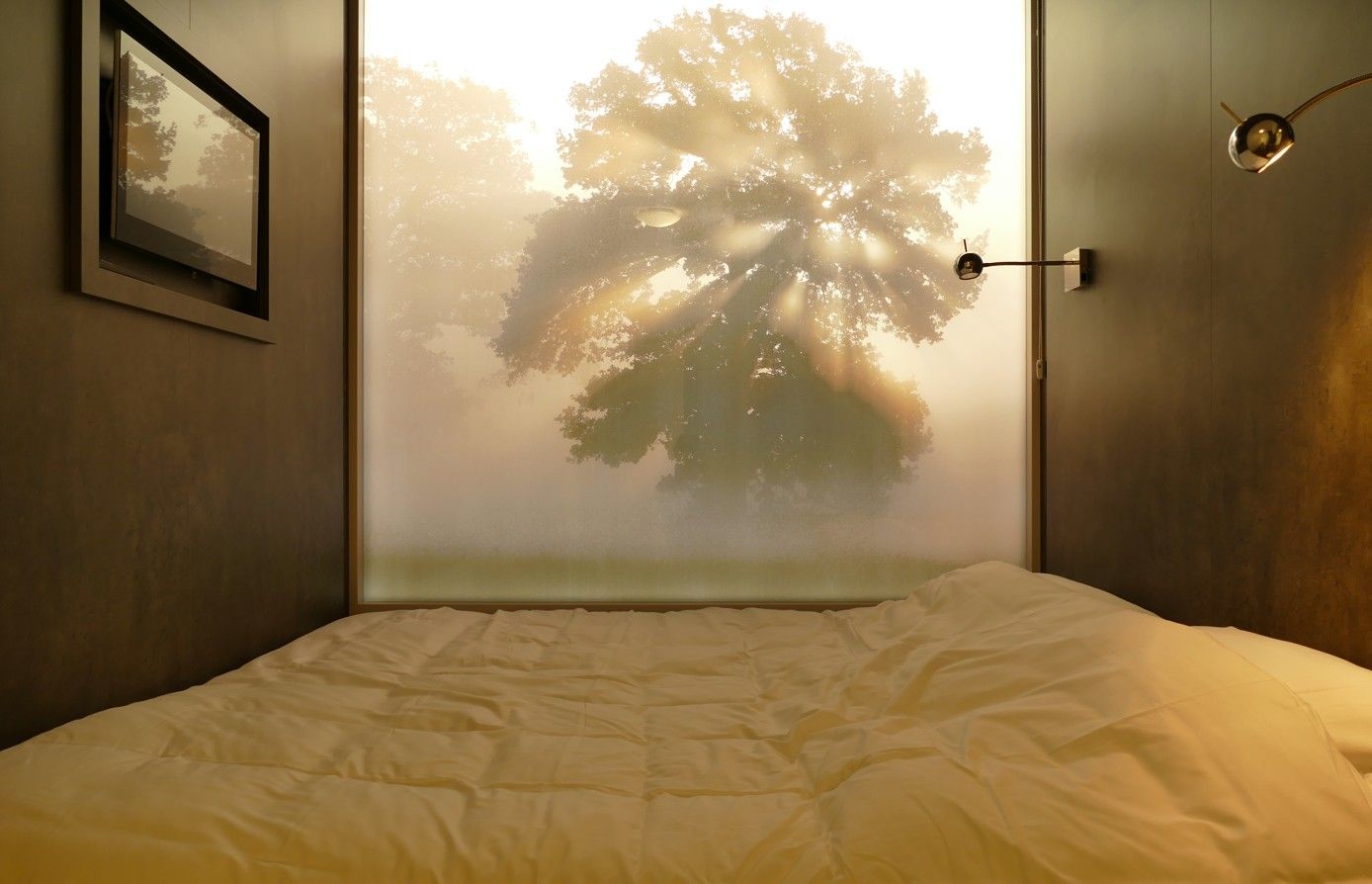 Slaapkamer met achtergrond van een boom in de mist, een bed met een wit dekbed en een klein ingelijst kunstwerk aan de muur.