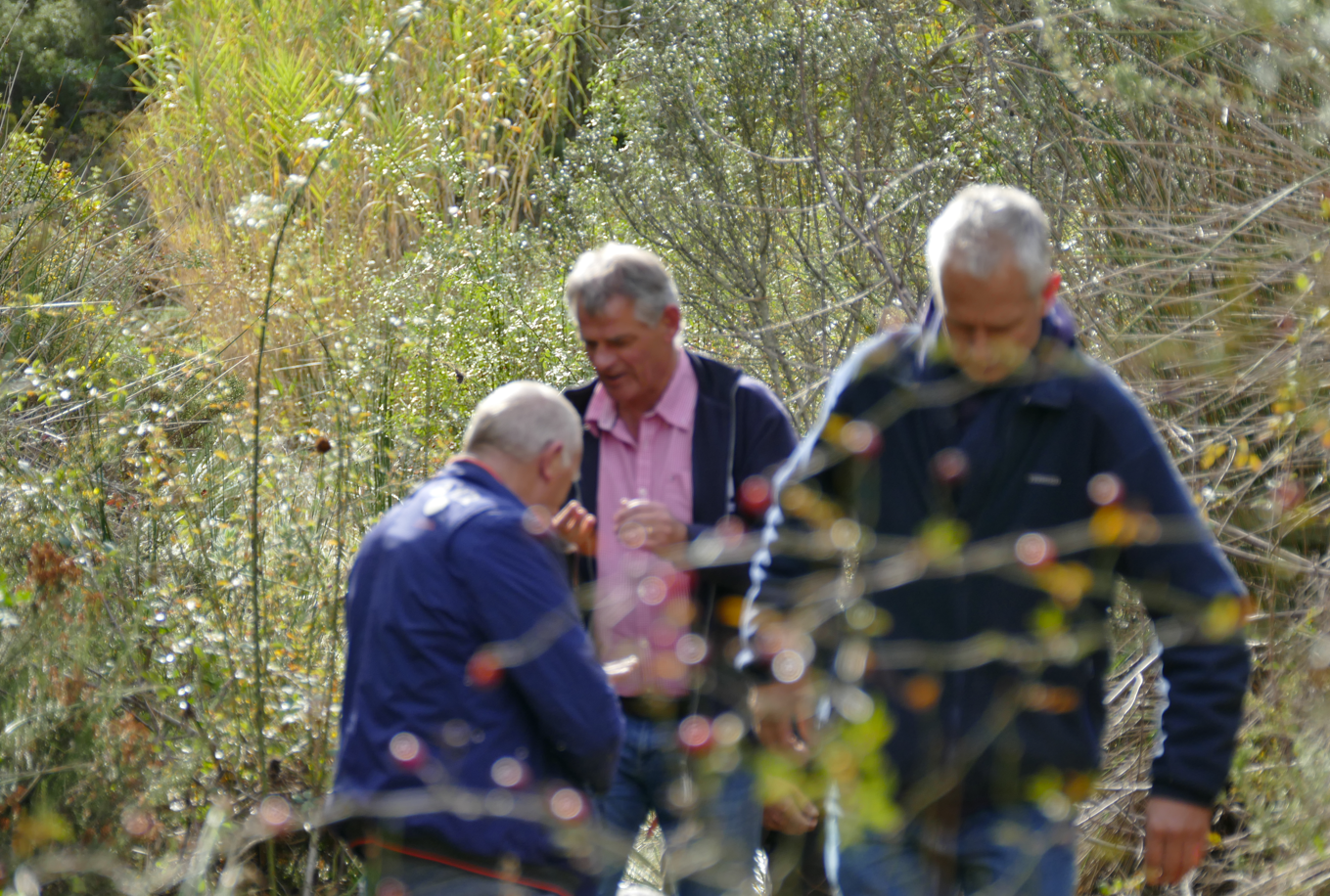 Drie mannen buiten, bij struiken en bomen. Een van hen draagt ​​een roze shirt, de anderen een blauw shirt en een is voorovergebogen.