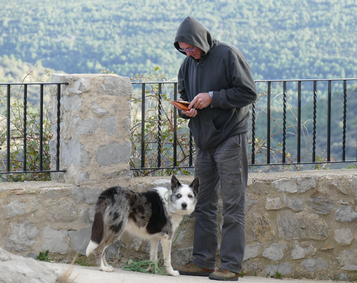 Een man in een grijze hoodie en een hond met een blauwe merle vacht staan ​​bij een stenen muur, met een schilderachtige achtergrond.