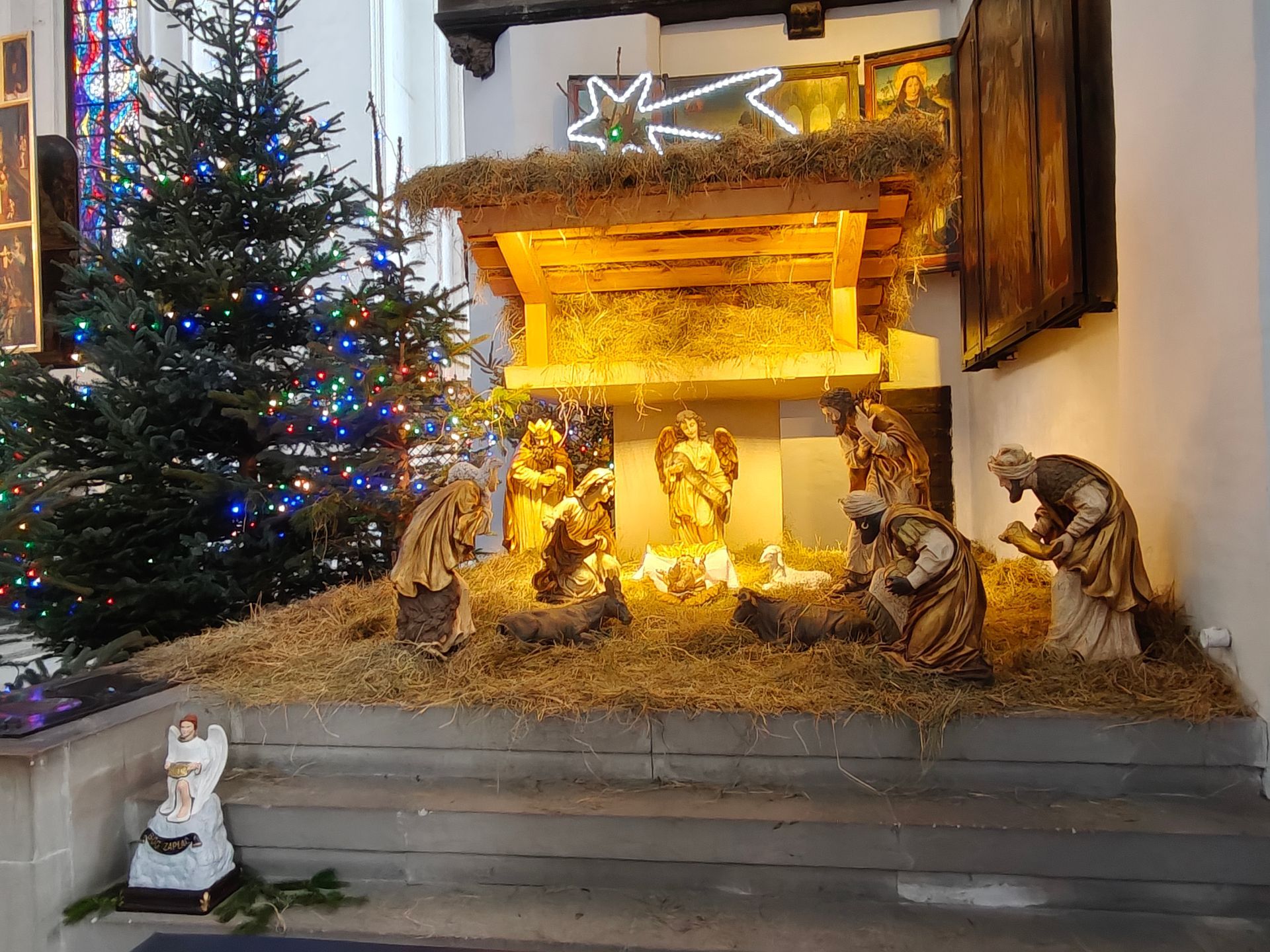 Kerststal met figuren, verlicht door een sterrenlicht. Links staat een kerstboom.