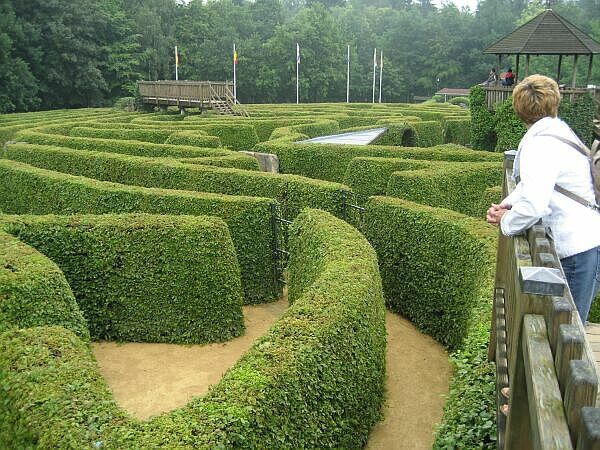 Een tuinlabyrint van keurig gesnoeide groene hagen met een persoon die er vanaf een houten reling op uitkijkt.