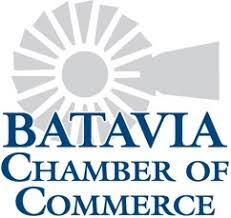 The logo for the batavia chamber of commerce has a windmill on it.