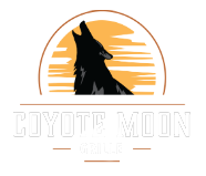 Silhouette of howling wolf against an orange sun, "Coyote Moon" text below, with "GOLF" below that.