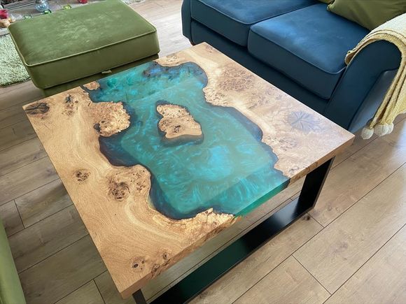 Burry oak island river coffee table with metallic turquoise resin.