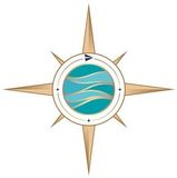 Compass with teal wave design at the center, surrounded by a golden starburst.