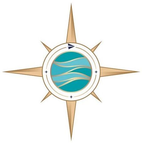 Compass with teal wave design at the center, surrounded by a golden starburst.