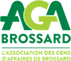 A green and white logo for aga brossard l' association des gens d' affaires de brossard