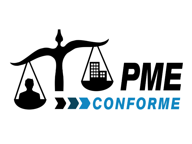 Un logo pour pme conforme avec une balance et une personne dessus.