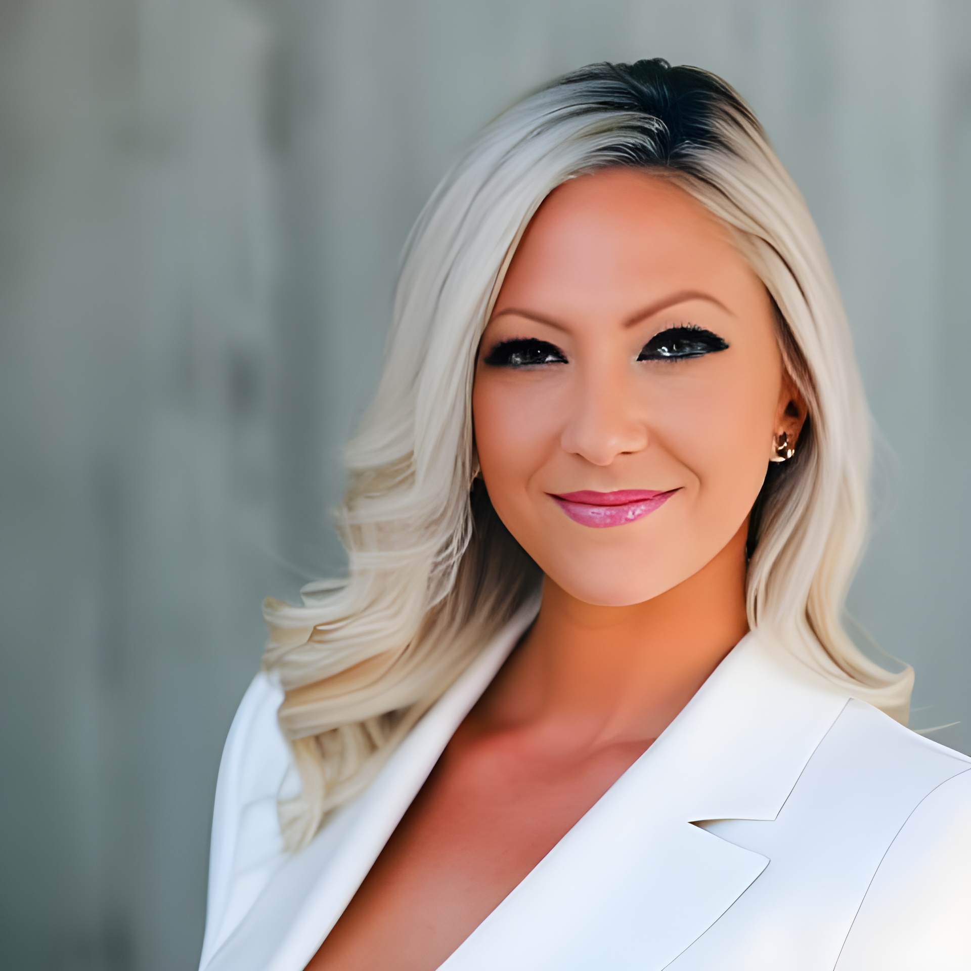 Une femme aux cheveux blonds porte une veste blanche