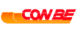 Logotipo de CONBE, una empresa. Texto rojo sobre fondo naranja y blanco.