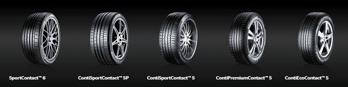 Cinco neumáticos negros con llantas plateadas sobre un fondo oscuro, cada uno con un dibujo de la banda de rodadura diferente.