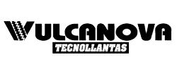 Logotipo de Vulcanoiva Tecno llantas en blanco y negro.