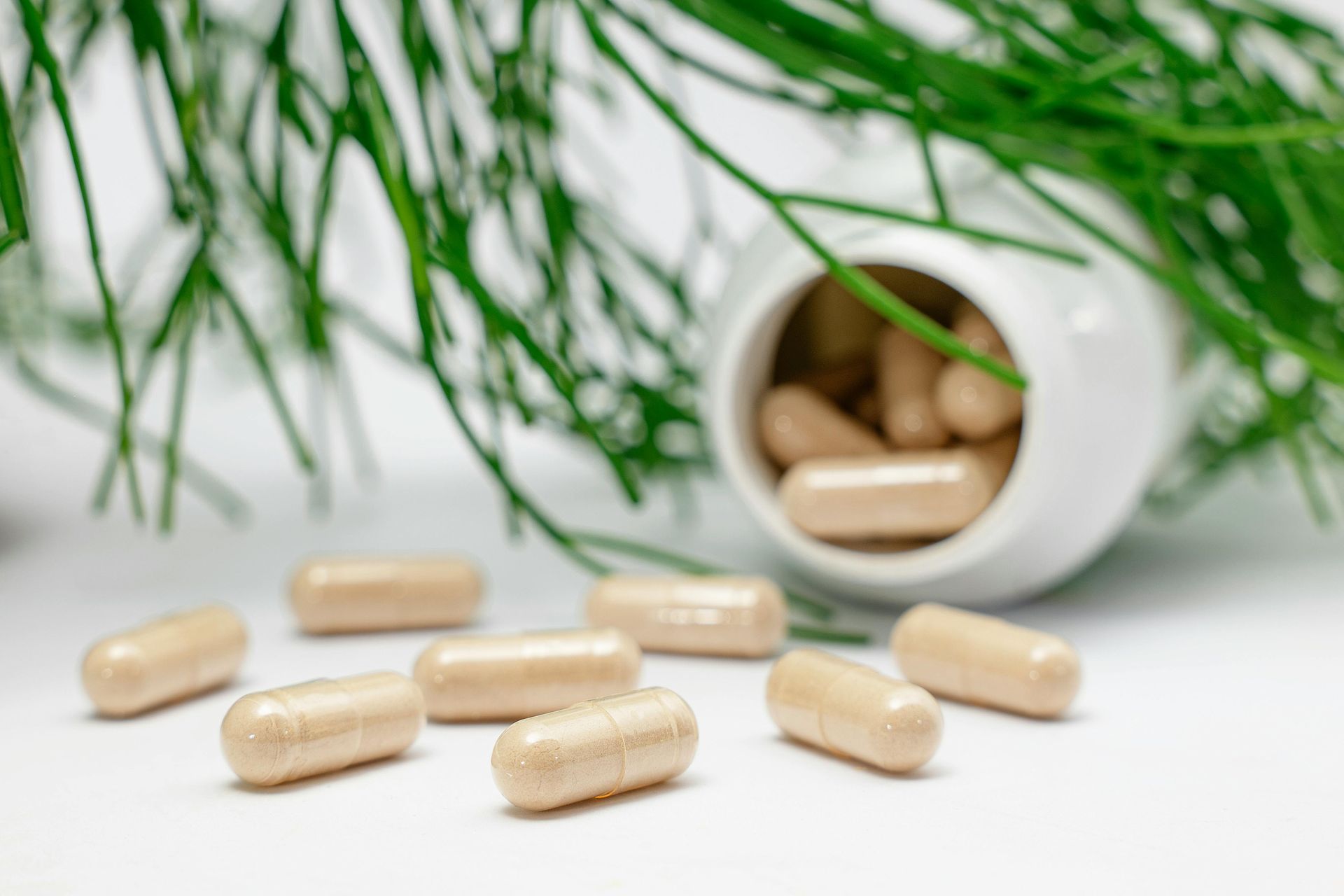 A bottle of pills spilling out of it next to a plant.