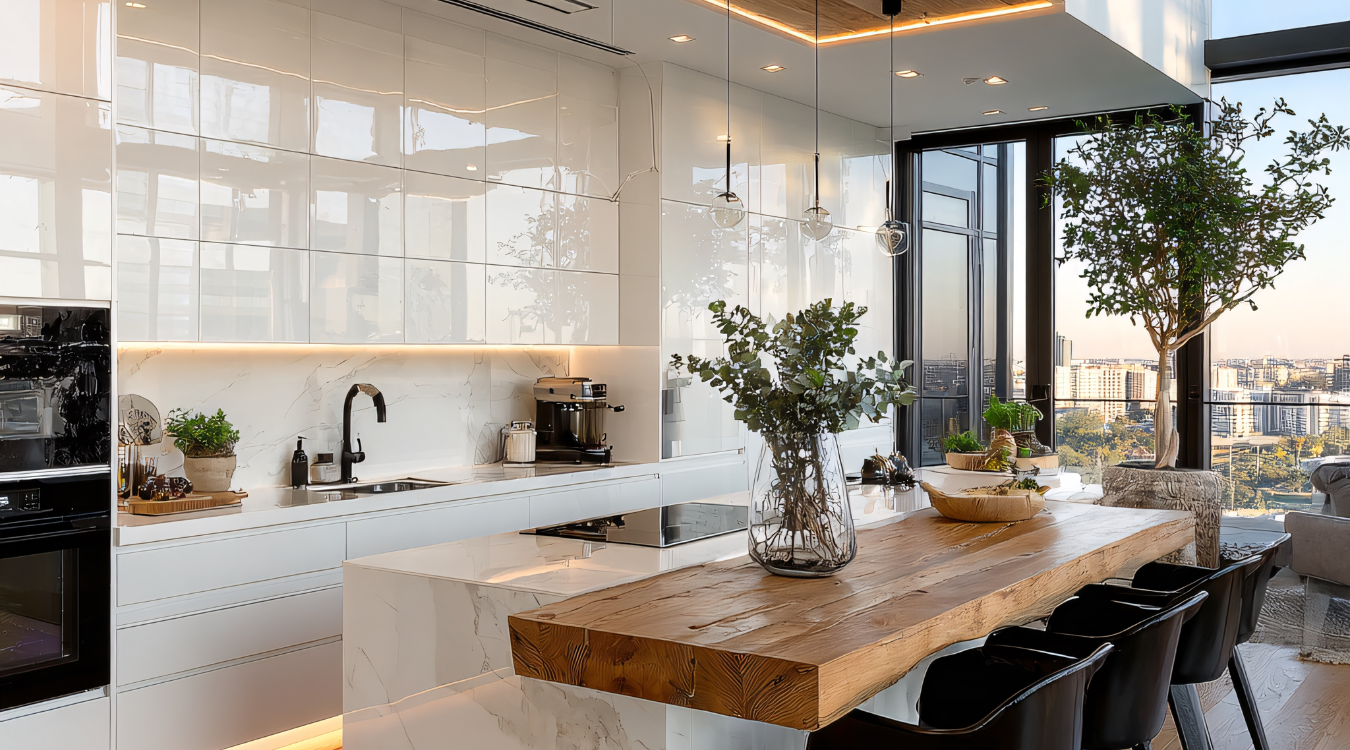 Modern white kitchen with a wooden island, black chairs, and city views.