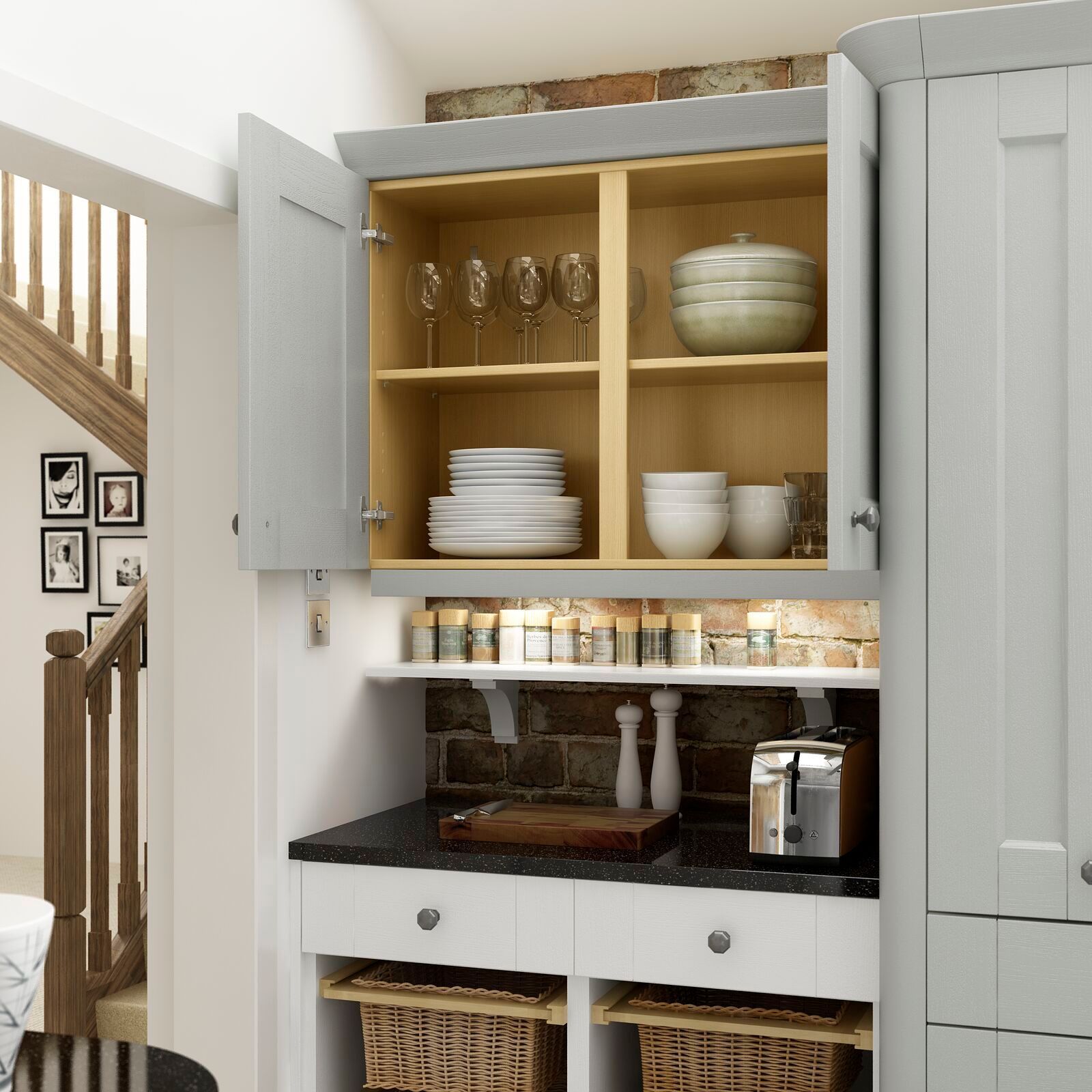 A kitchen with plates bowls and glasses on shelves