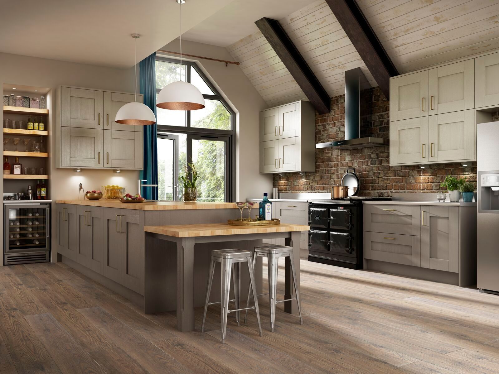 A kitchen with a large island in the middle and stools.