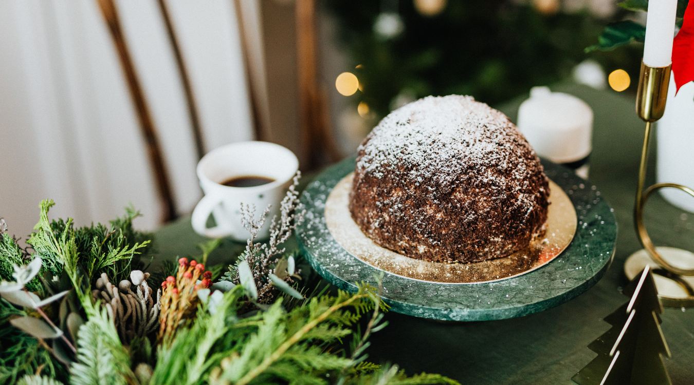 Christmas Cake and coffee with festive decor Basically Christmas Cake with festive decor