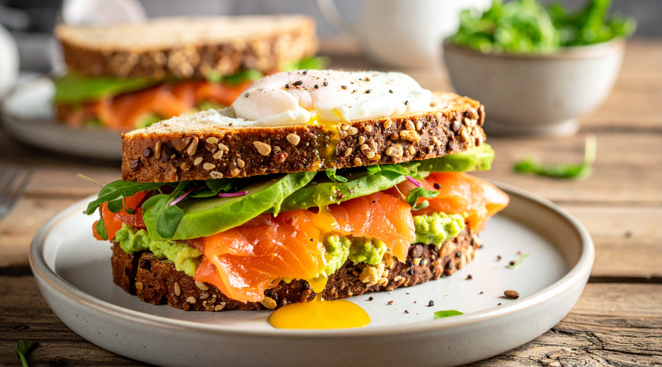 Christmas breakfast idea of salmon, avocado and egg on sourdough toast Fancy salmon avocado and egg breakfast idea for Christmas morning