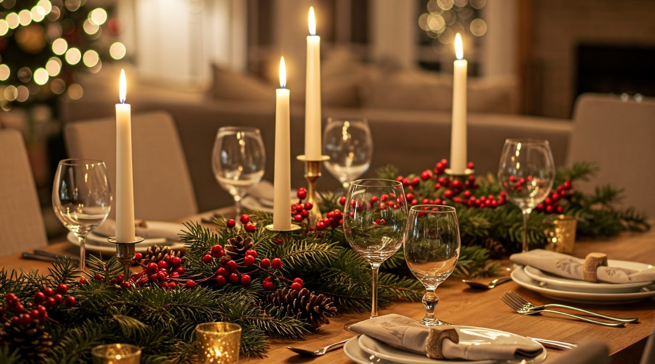 Christmas table set with beautiful decorations Beautifully set table ready for Christmas