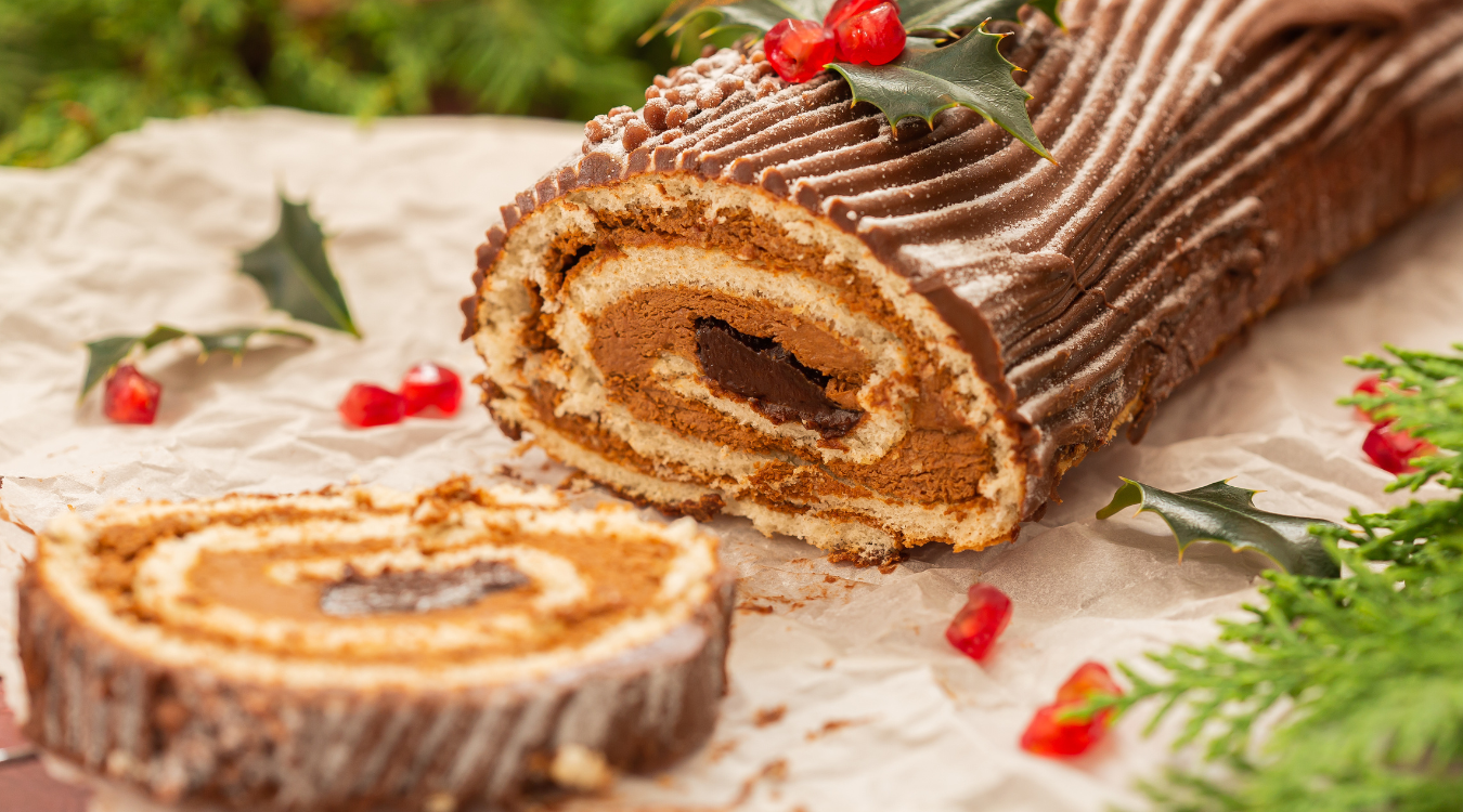 Cholcate christmas yule cake Chocolate Yule Cake with Christmas Decoration