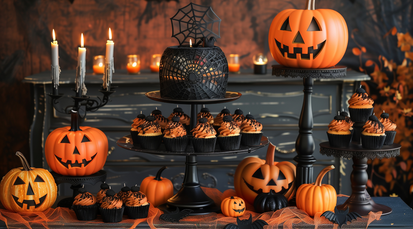 A table filled with halloween cupcakes and pumpkins ready for a party