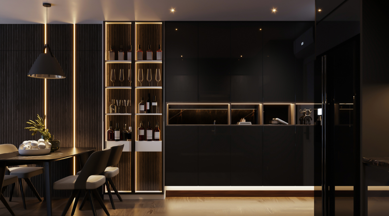 A sophisticated black kitchen design that includes a dining nook, integrated wine storage, ample cabinetry, and a round table. Modern black kitchen with a dining area, featuring wine storage, cabinets, and a round table.