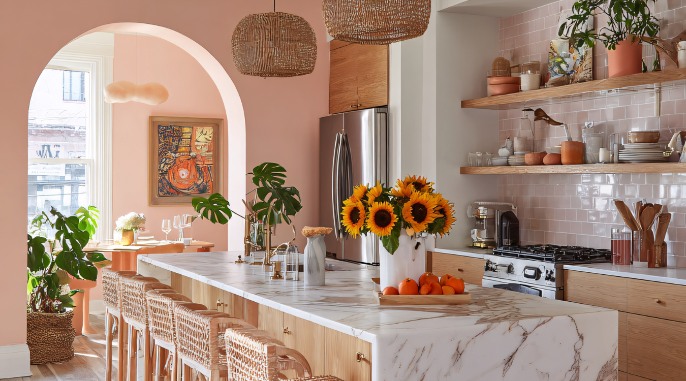 Dining table with vase of white flowers, french press, and wooden chairs by a window.