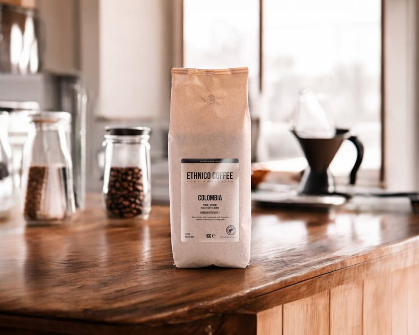 A bag of Ethnico Coffee Columbia Beans Ethnico Coffee Columbia Beans