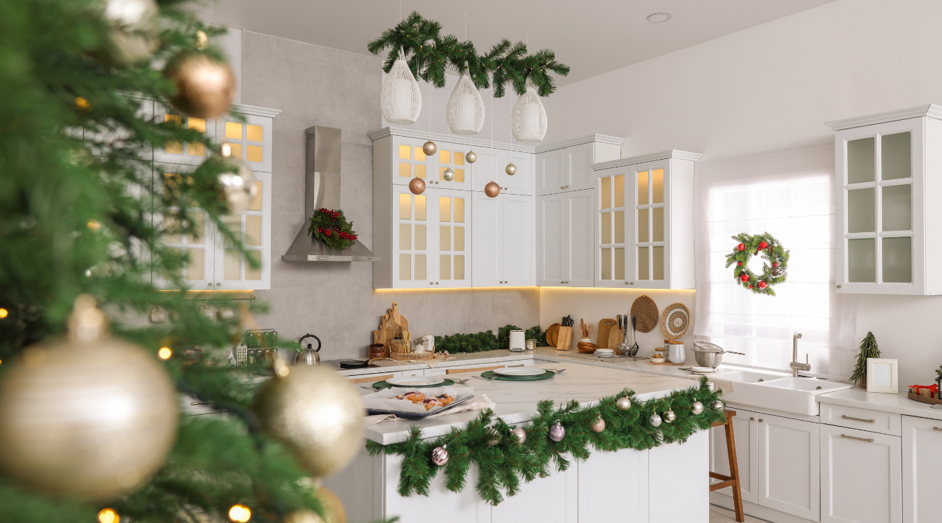 Tidy, spacious and bright kitchen decorated for Christmas and ready to host