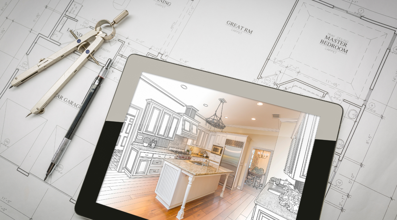 Tablet displaying kitchen design sketch on architectural blueprints with drafting tools.
