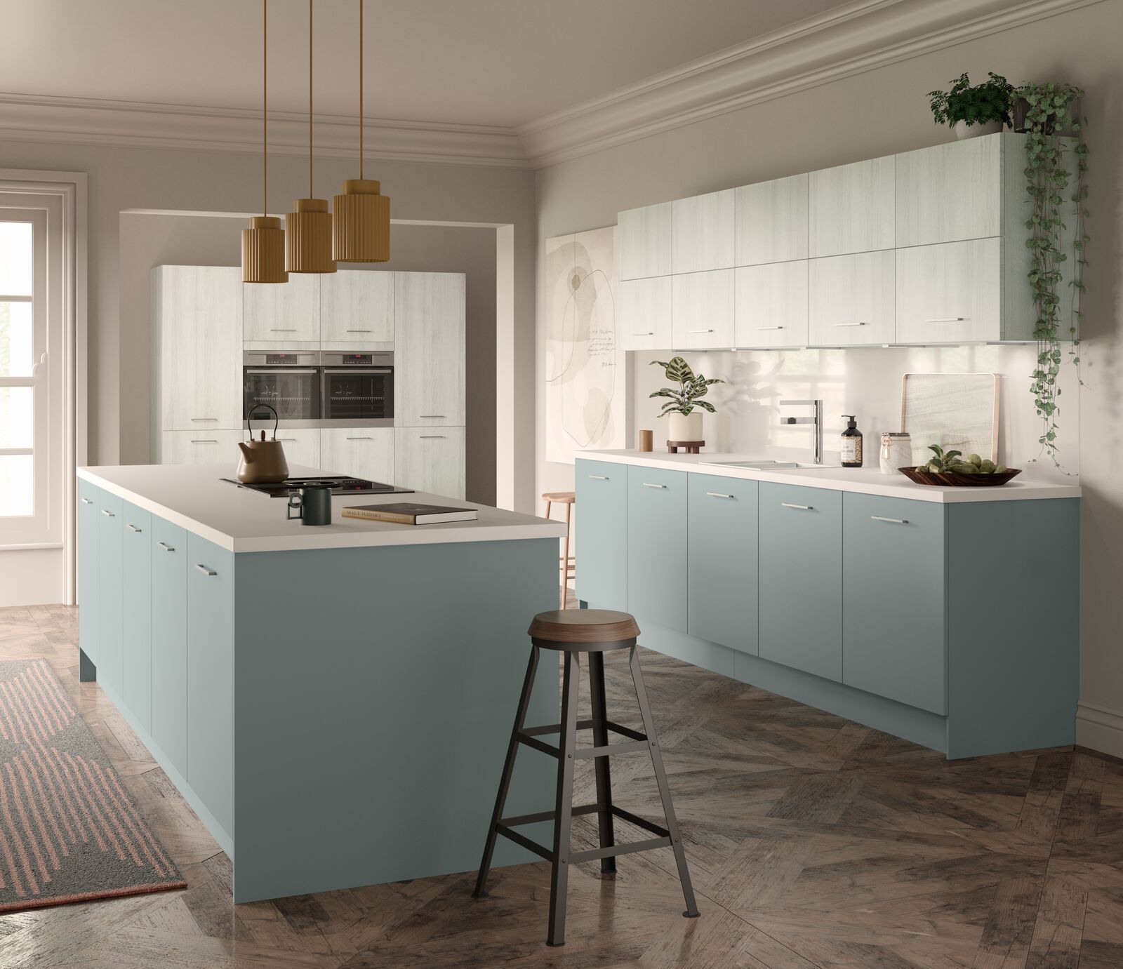 A kitchen with blue cabinets and white counter tops