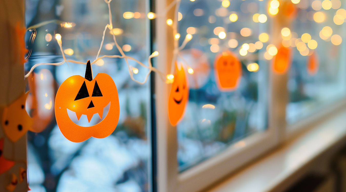 Halloween decoration inspiration for children Halloween pumpkin lights draped across the window