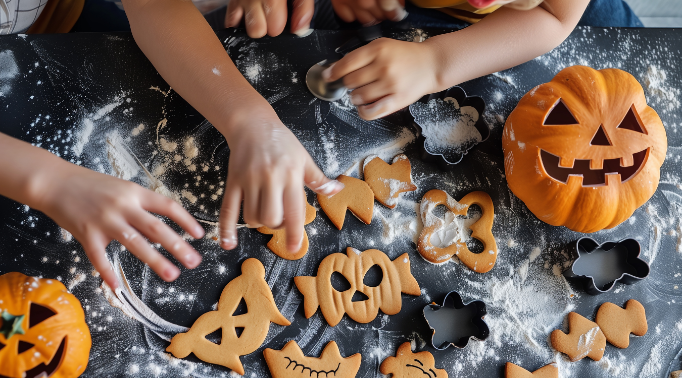 Children baking halloween cookies