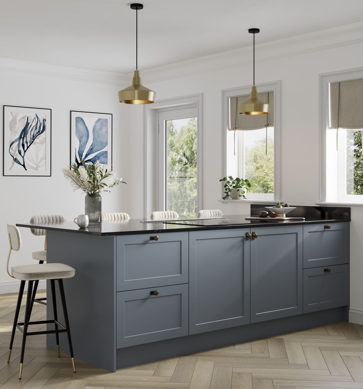 A kitchen with blue cabinets and a black counter top