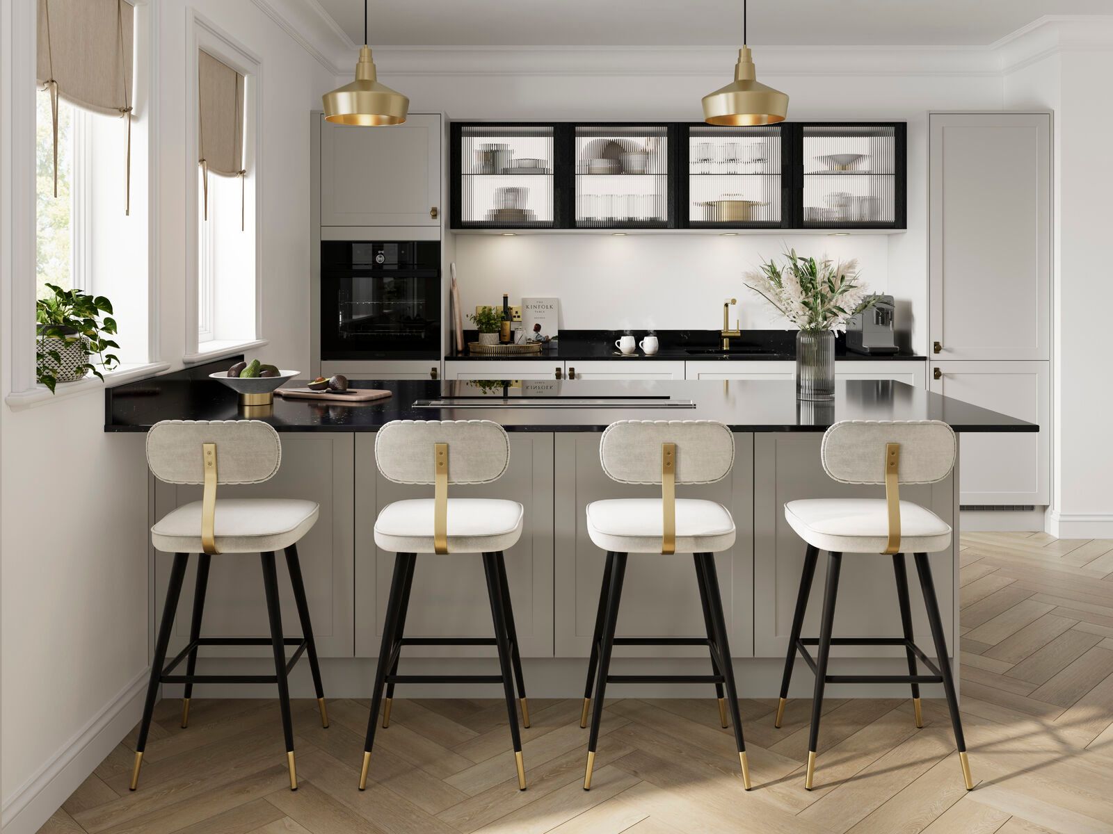 A kitchen with three bar stools and a large island.