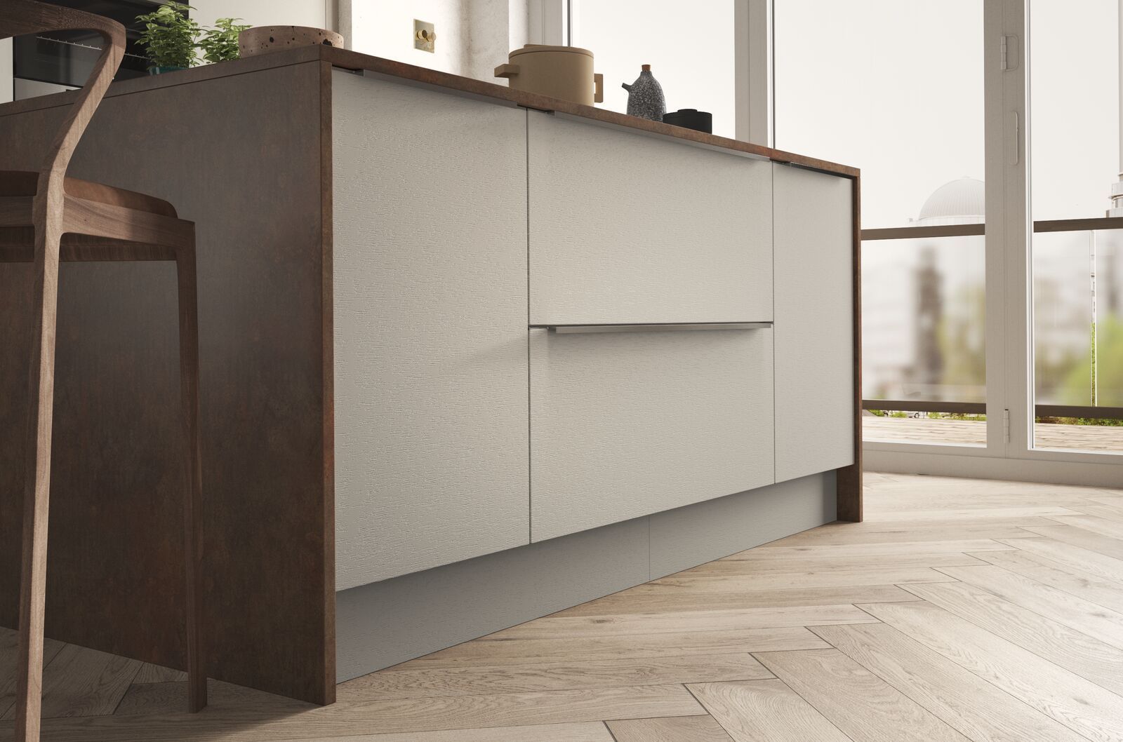 A kitchen with white cabinets and a wooden floor.