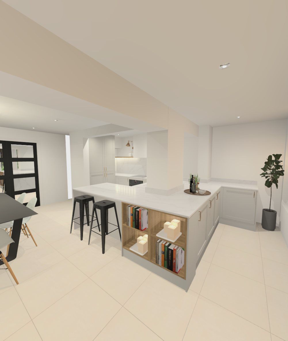 A modern, bright kitchen featuring white cabinets, marble countertops, a peninsula with black stools, and glass patio doors. 