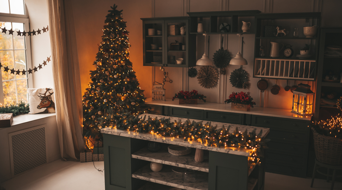 Elegant kitchen with Christmas decor ready for hosting 