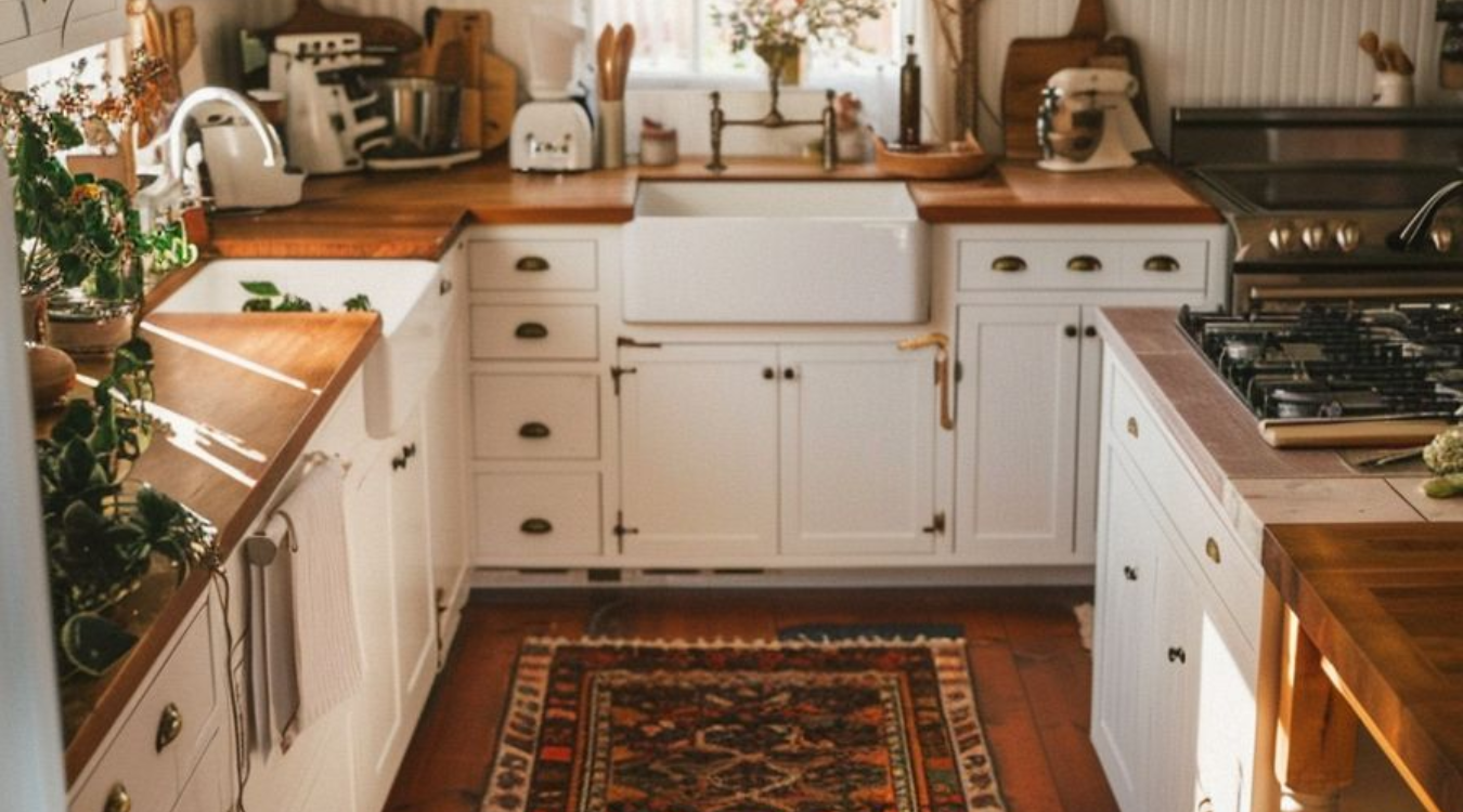 A bright, rustic kitchen with white cabinetry, wooden worktops, a farmhouse sink, and a decorative rug set against natural wood flooring. A bright, rustic kitchen with white cabinets, wood countertops, a farmhouse sink, and a decorative rug on a wood floor.