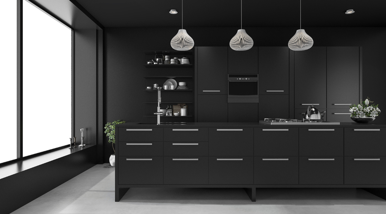 Black modern kitchen with large island and open shelving, large window to the left.