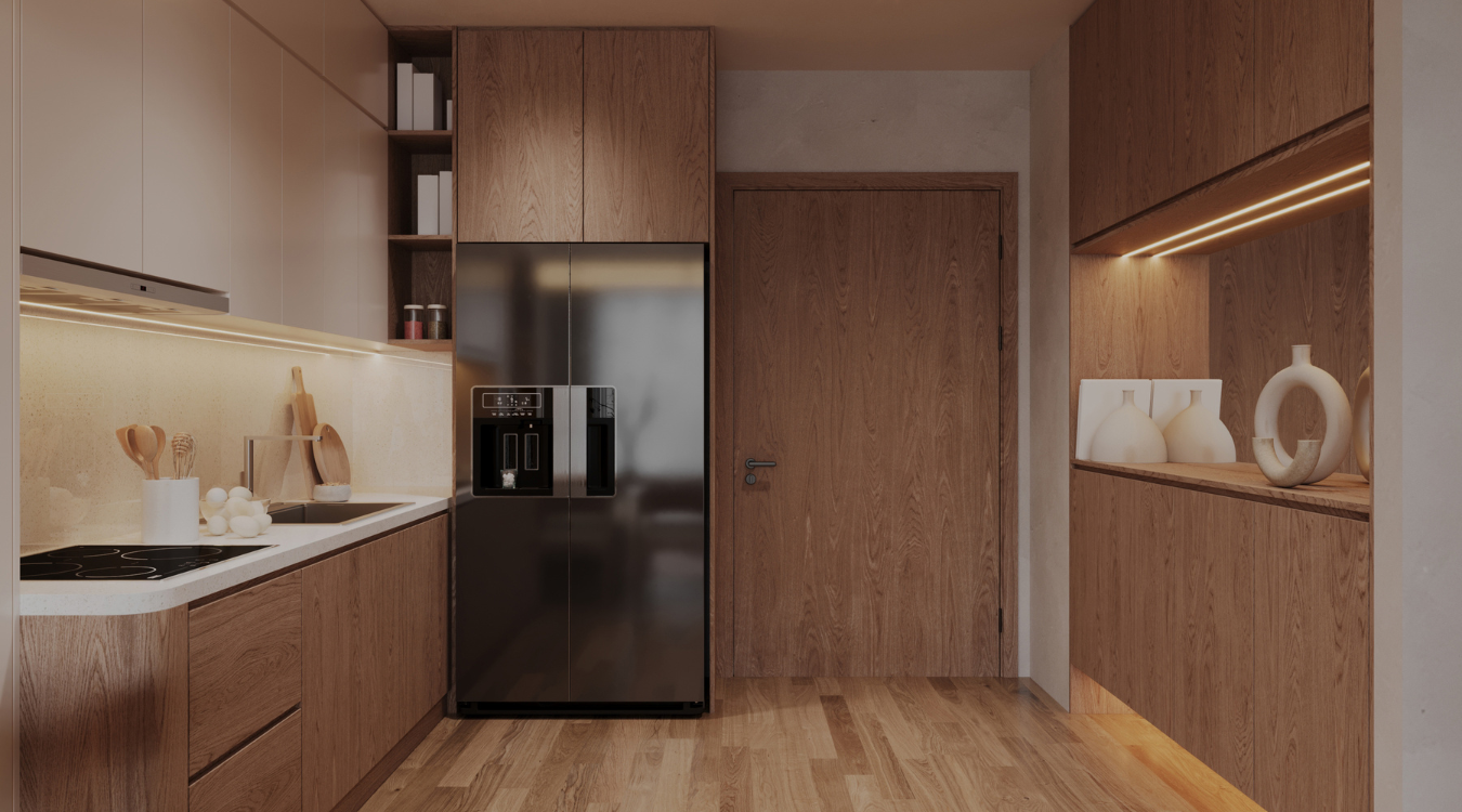 A modern kitchen featuring wood-grain cabinetry, black appliances, warm under-cabinet lighting, and light hardwood floors.
