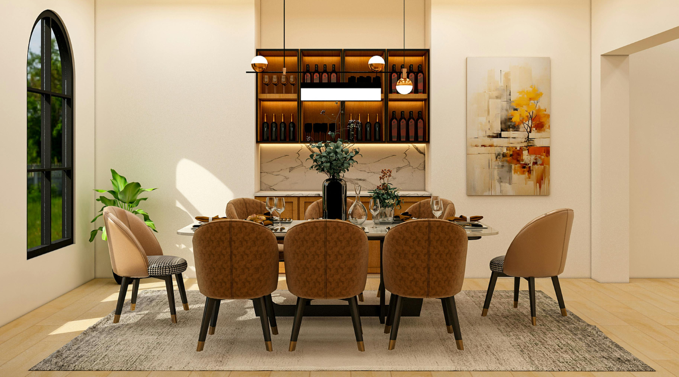 Dining room with oval table, patterned rug, velvet chairs, built-in bar, and artwork.