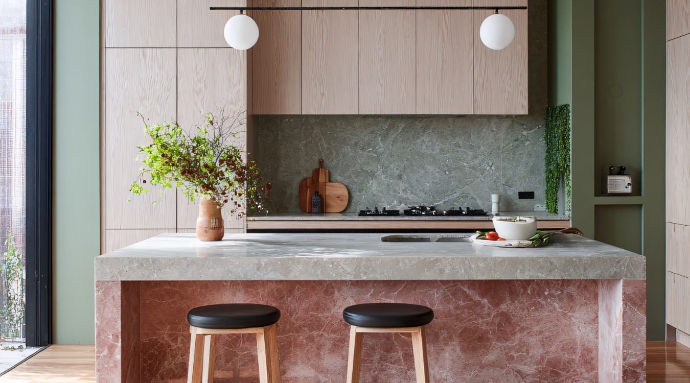 Kitchen with pink island, light wood cabinets, green wall, and marble backsplash. Two bar stools.
